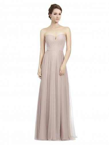 Cheap Long Strapless Tulle Bridesmaid Dress with Pleated Bodice UK