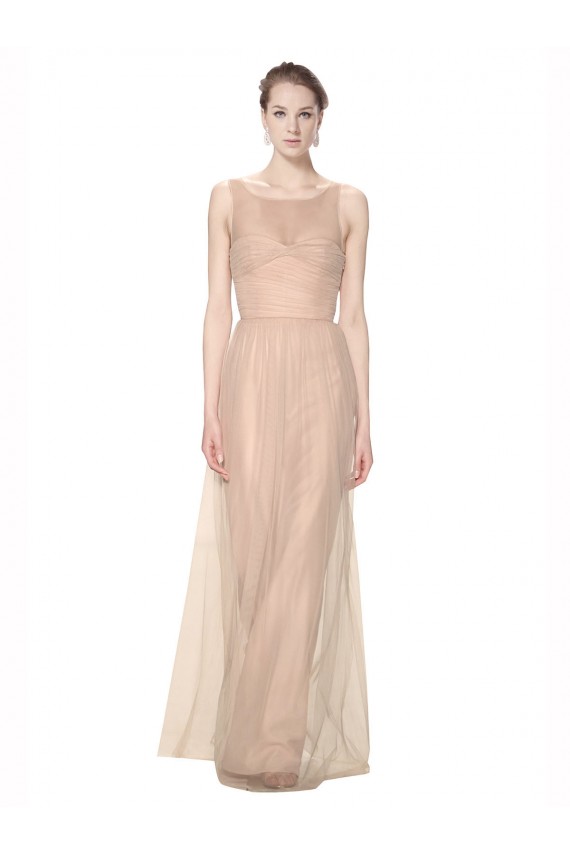 Cheap Long Tulle Bridesmaid Dress with Illusion Neck UK
