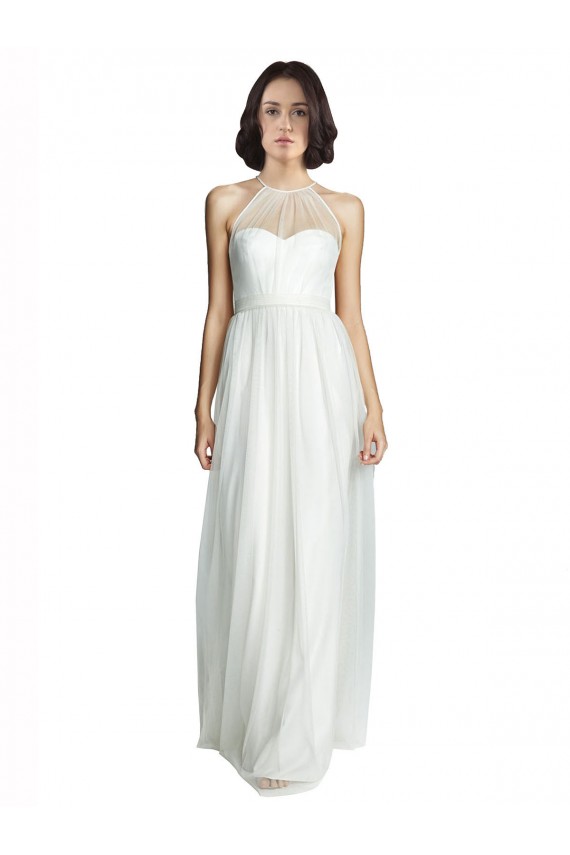 Cheap High Neckline Long Tulle Bridesmaid Dress with Illusion Front UK