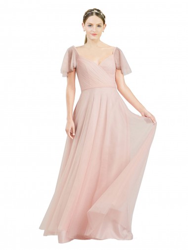 Cheap Long V-Neck Flutter Sleeves Tulle Bridesmaid Dress UK