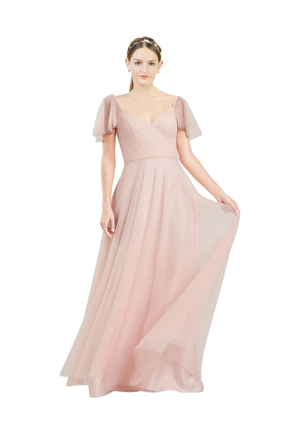 Cheap Long V-Neck Flutter Sleeves Tulle Bridesmaid Dress UK