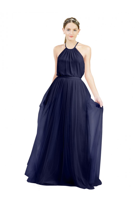 Cheap Long A-Line High Neck Halter Tulle Bridesmaid Dress UK