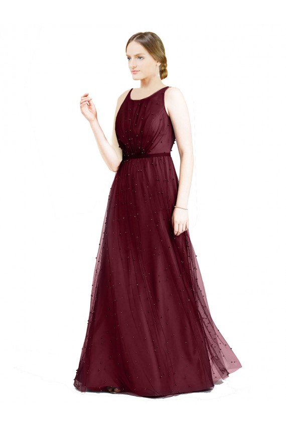 Cheap Sleeveless Boat Neck Long Pearl Tulle Bridesmaid Dress with Keyhole Back UK