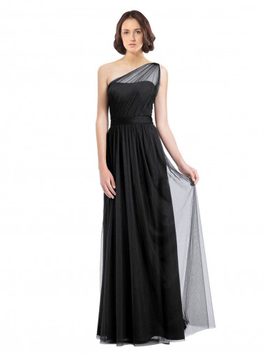Cheap Ruched Long Soft Tulle Bridesmaid Dress with Sheer Netting Shoulder Strap UK