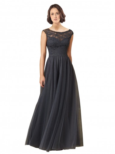 Cheap Long Bateau Tulle Bridesmaid Dress with Lace Bodice UK
