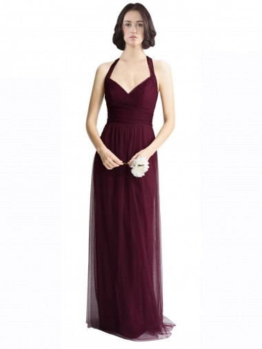 Cheap Long Tulle Bridesmaid Dress with Criss-Cross Bodice and Self Straps UK