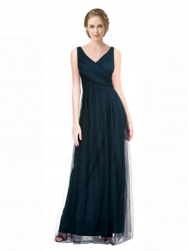 Cheap Full Length Long Tulle Bridesmaid Dress with V-Neck Criss-Cross Ruched Top UK