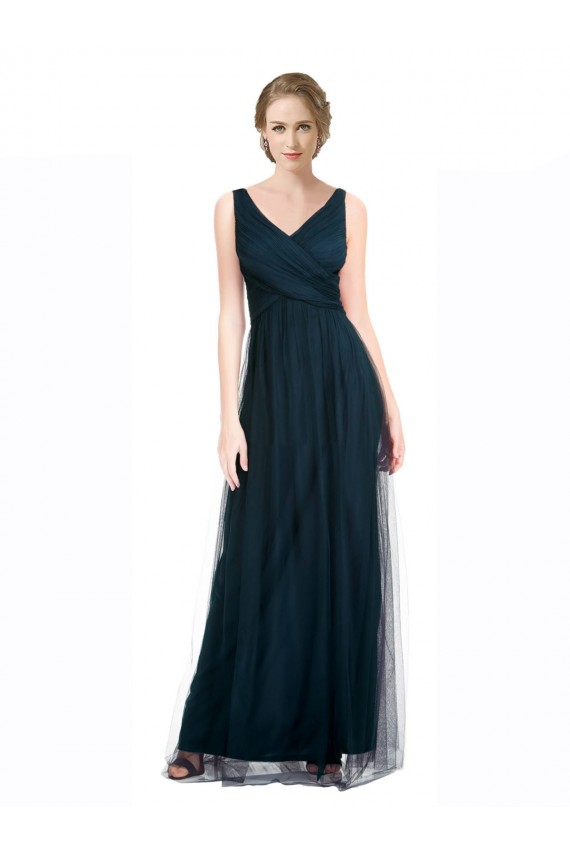 Cheap Full Length Long Tulle Bridesmaid Dress with V-Neck Criss-Cross Ruched Top UK