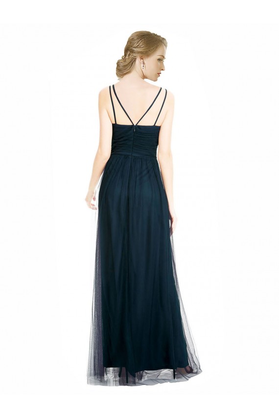 Cheap Full Length Long Tulle Bridesmaid Dress with V-Neck Criss-Cross Ruched Top UK