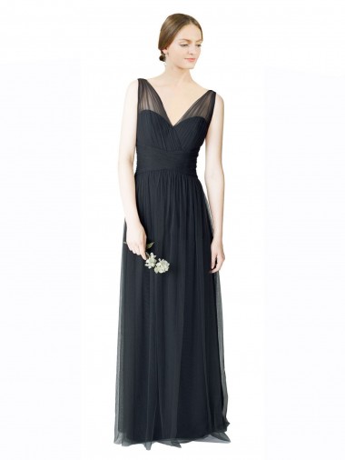 Cheap Long Tulle Bridesmaid Dress with Illusion Shoulder Straps and V-Back UK