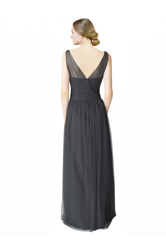 Cheap Long Tulle Bridesmaid Dress with Illusion Shoulder Straps and V-Back UK