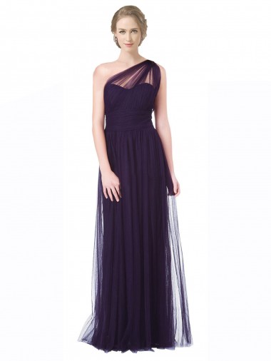 Cheap One Shoulder Long Tulle Bridesmaid Gown with Sheer Netting Strap UK