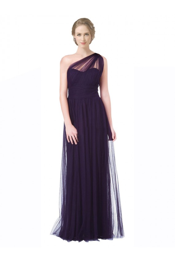 Cheap One Shoulder Long Tulle Bridesmaid Gown with Sheer Netting Strap UK