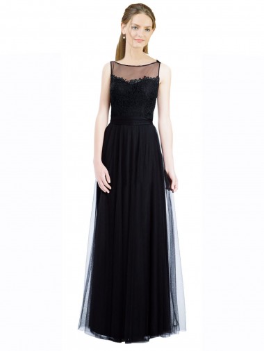 Cheap Full Length Tulle Bridesmaid Dress with Lace Bodice and Soft Tulle Illusion Top UK