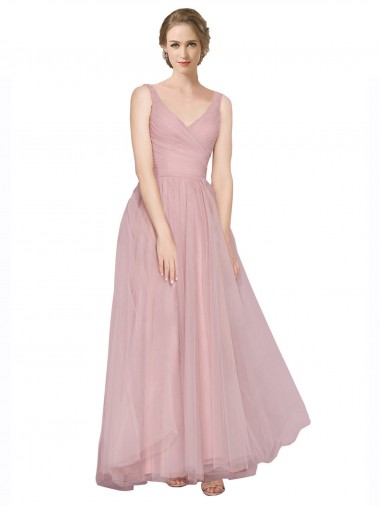 Cheap Long Floor Length Wide Strap Plunge Cross Over Neckline Tulle Bridesmaid Dress UK
