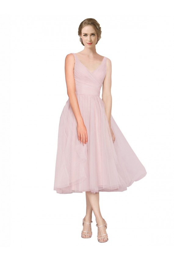Cheap Short Tea Length Wide Strap Plunge Cross Over Neckline Tulle Cocktail Bridesmaid Dress UK