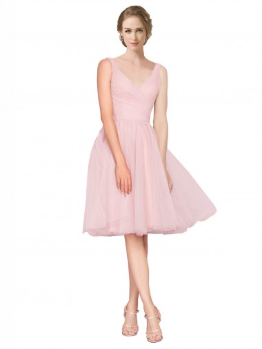 Cheap Short Knee Length Wide Strap Plunge Cross Over Neckline Tulle Cocktail Bridesmaid Dress UK