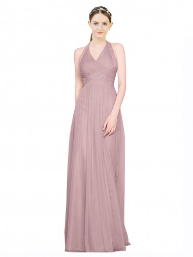 Cheap Ruffled Halter V-Neck Long Tulle Bridesmaid Dress with Pleats UK
