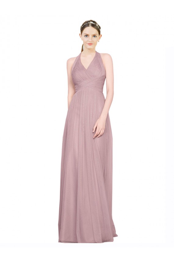 Cheap Ruffled Halter V-Neck Long Tulle Bridesmaid Dress with Pleats UK