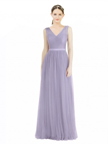 Cheap Wide Straps V-Neck Long Tulle Bridesmaids with Belt UK