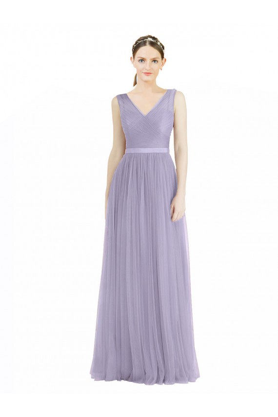 Cheap Wide Straps V-Neck Long Tulle Bridesmaids with Belt UK