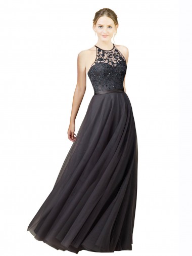 Cheap Sweetheart Neckline Long Sleeveless Tulle Bridesmaid Dress with Lace Bodice UK