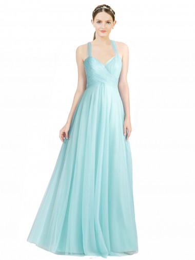 Cheap Ruched Sweetheart Neckline A-Line Tulle Bridesmaid Dress with Tie Open Back UK