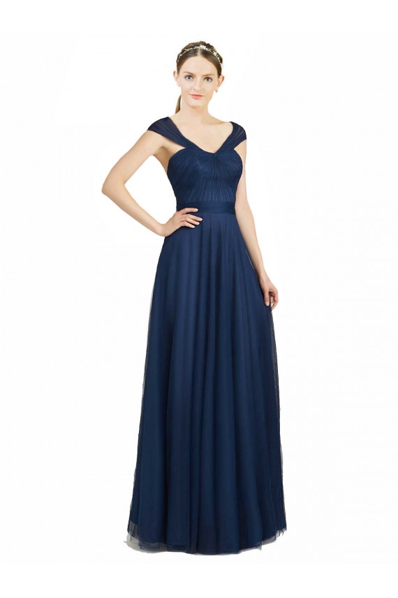 Cheap Ruched Sweetheart Long A-Line Tulle Bridesmaid Dress with Wide Straps and Tie Back UK