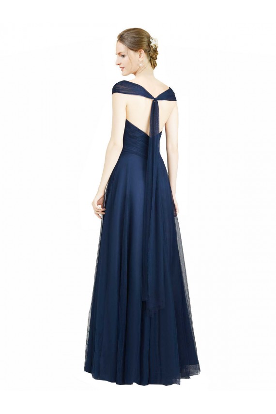 Cheap Ruched Sweetheart Long A-Line Tulle Bridesmaid Dress with Wide Straps and Tie Back UK