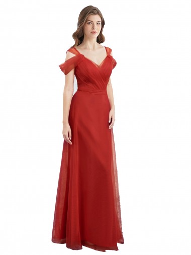 Cheap Cold Shoulder Pleated Wrap Tulle Bridesmaid Dress with Low V-Back UK