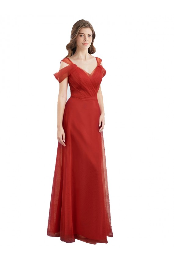 Cheap Cold Shoulder Pleated Wrap Tulle Bridesmaid Dress with Low V-Back UK