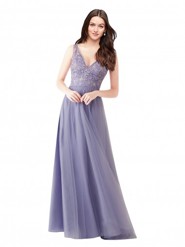 Cheap Sweetheart Tulle Bridesmaid Dress with Fully Embroidered V-Neck Bodice UK