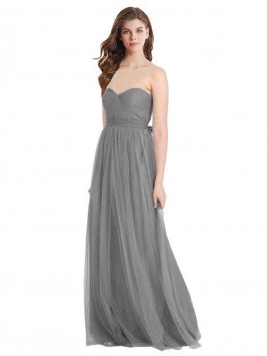 Cheap Shirred Strapless Bodice Long Tulle Bridesmaid Dress with Sweetheart Neckline UK