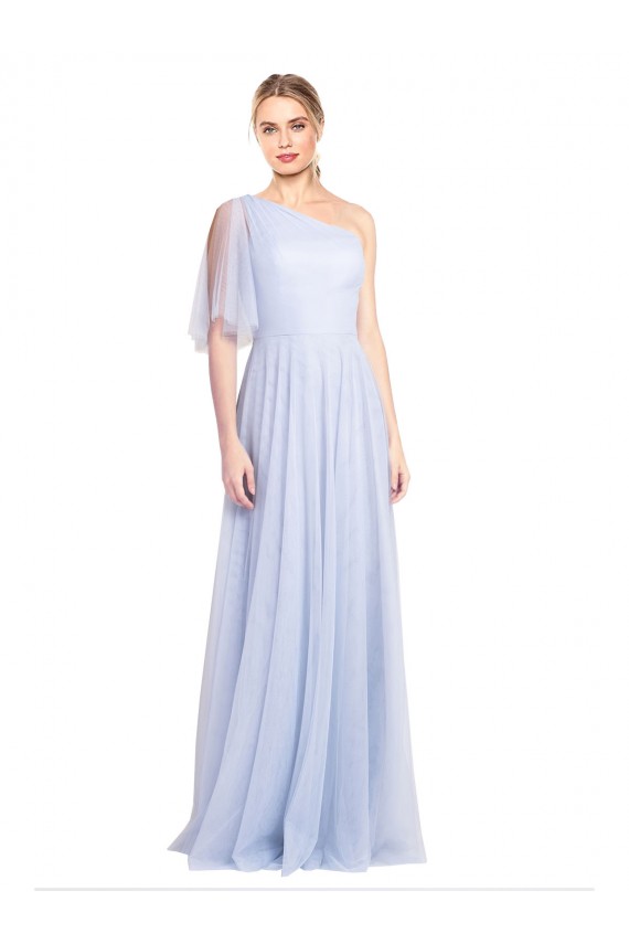 Cheap Flutter Sleeves One Shoulder Long Tulle Bridesmaid Dress UK