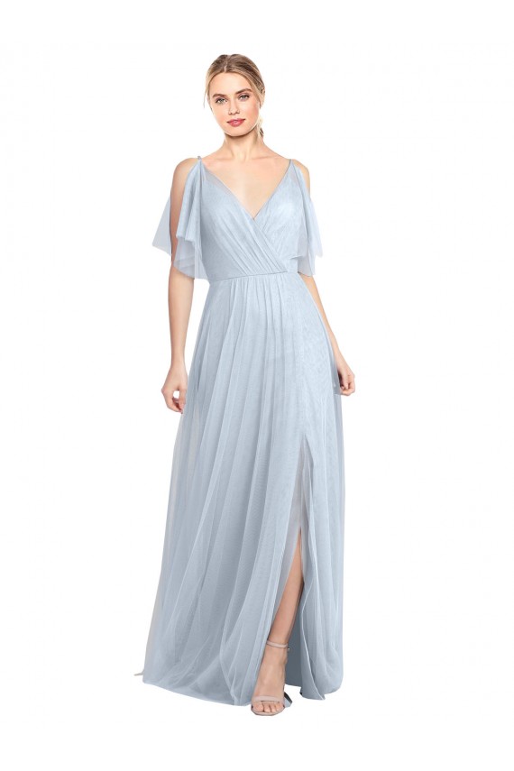 Cheap Floor Length Flutter Sleeves Long Tulle Bridesmaid Dress with Side Slit UK