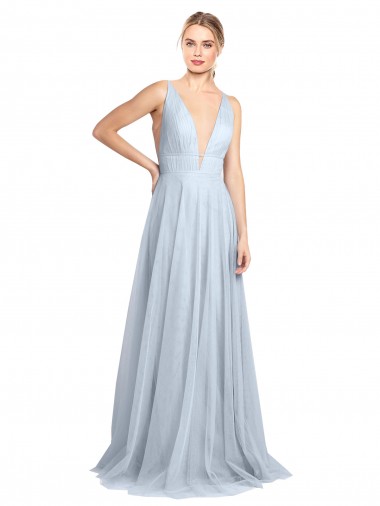 Cheap Plunging Deep V-Neck Long Tulle Bridesmaid Dress with V-Back UK