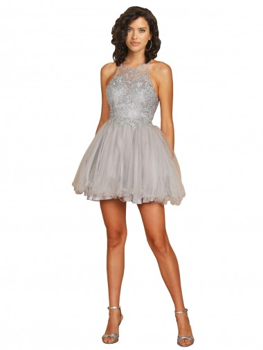 Cheap Halter Neckline Criss Cross Back Short Cocktail Dress with Beaded Lace Bodice UK