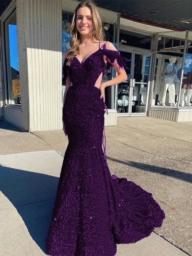 Cheap Cold Shoulder Sleeveless Long Court Train Velvet Sequin Prom Dress UK