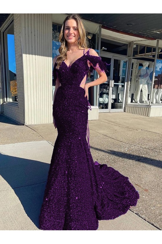Cheap Cold Shoulder Sleeveless Long Court Train Velvet Sequin Prom Dress UK