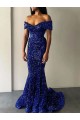 Cheap Mermaid Off the Shoulder Sleeveless Long Sweep Train Velvet Sequin Prom Dress UK