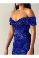 Cheap Mermaid Off the Shoulder Sleeveless Long Sweep Train Velvet Sequin Prom Dress UK