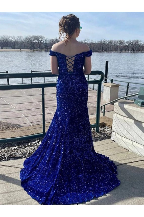 Cheap Off the Shoulder Sleeveless Long Sweep Train Velvet Sequin Prom Dress UK