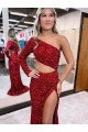 Cheap Mermaid One Shoulder Long Sleeves Long Sweep Train Velvet Sequin Prom Dress with High Slit UK