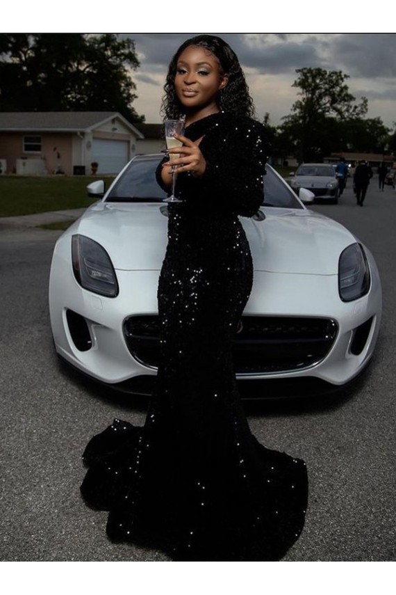 Cheap One Shoulder Long Sleeves Long Sweep Train Velvet Sequin Prom Dress UK