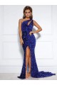 Cheap Mermaid One Shoulder Sleeveless Long Court Train Velvet Sequin Prom Dress with Slit UK