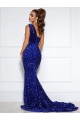 Cheap Mermaid One Shoulder Sleeveless Long Court Train Velvet Sequin Prom Dress with Slit UK