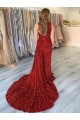 Cheap One Shoulder Sleeveless Long Court Train Velvet Sequin Prom Dress with Slit UK