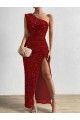 Cheap One Shoulder Sleeveless Long Floor Length Velvet Sequin Prom Dress with Slit UK