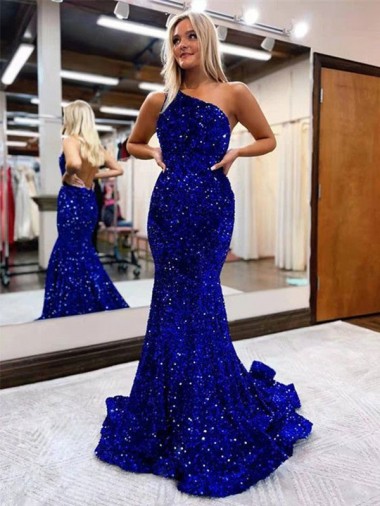 Cheap Mermaid One Shoulder Open Back Long Sweep Train Velvet Sequin Prom Dress UK