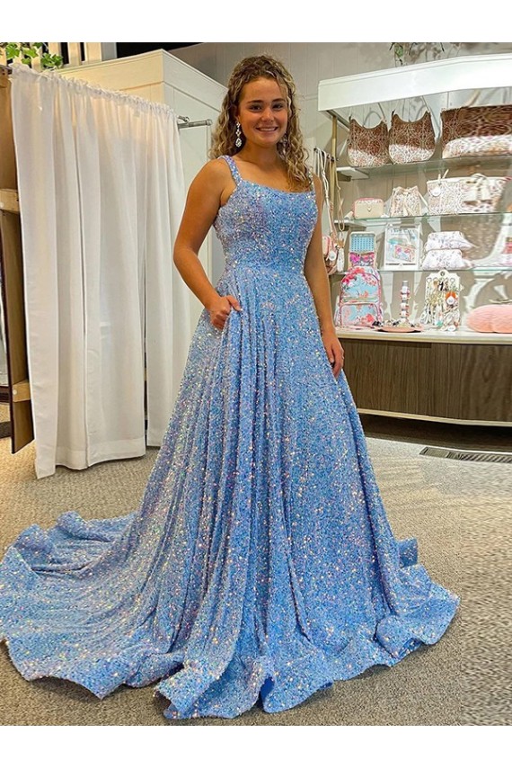 Cheap A-Line Scoop Sleeveless Long Court Train Velvet Sequin Prom Dress UK